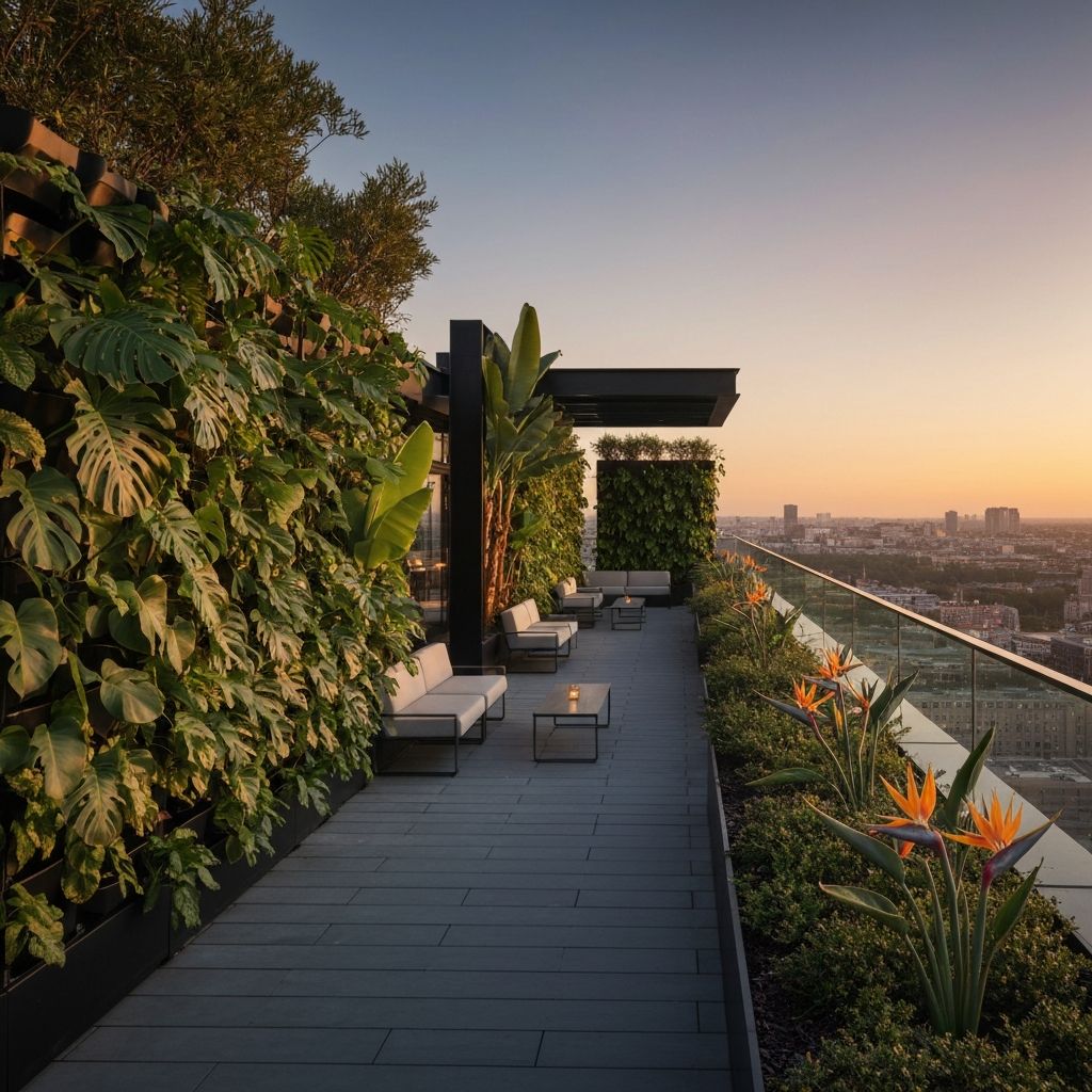 Lush rooftop garden with vertical plant walls overlooking a city skyline