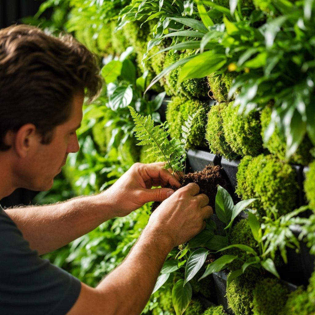 Hands carefully planting tropical plants into a modular vertical garden panel